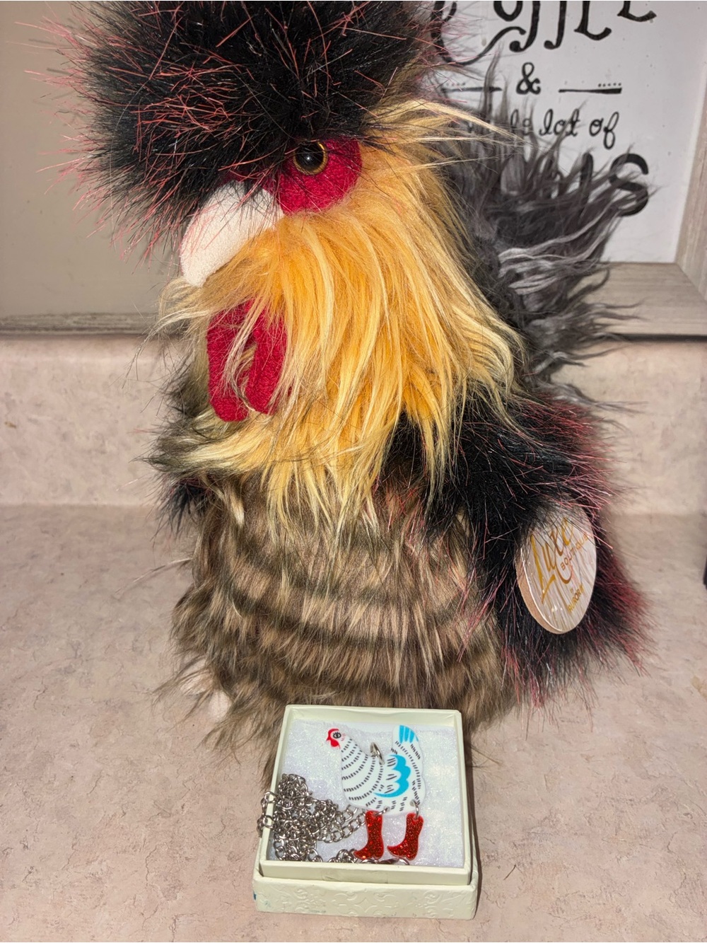 Plush Rooster with Chicken neckless. Perfect for a chicken lover